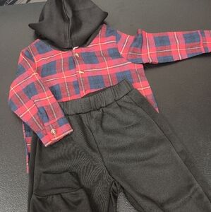 Plaid Hoodie and Black Pants Set